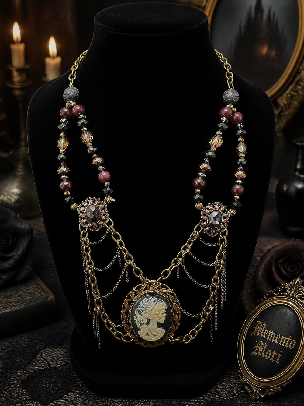 “The Lady in Waiting" Artisan Gothic Victorian Skeleton Cameo Necklace